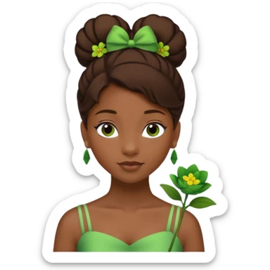 tạo cho tôi emoji tạo hình của công chúa da đen tóc nâu búi tóc 1 bên trên đỉnh đầu, cô ý cài hoa màu xanh lá cây. không đeo khuyên tai sticker