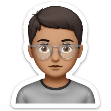 personagem com corte de cabelo Wolf cut curto, cabelo castanho escuro, olho castanho escuro, sombrancelha castanho escuro, óculos sem aro prata quadrado. sticker
