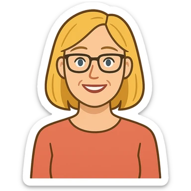 flat toon style blonde 40 year old woman with blue eyes and glasses sticker