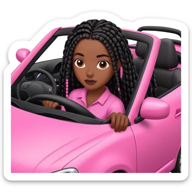 A dark-skinned Black woman with black box braids, driving a pink car sticker