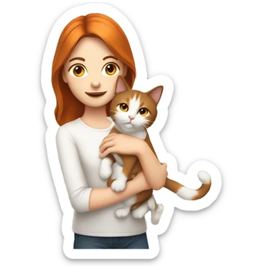 Girl with brown hair and white skin holding orange and white cat   sticker