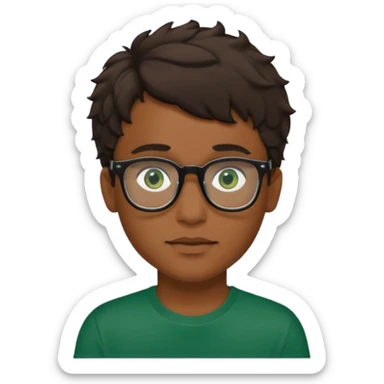 Garçon brun avec des cheveux ondulés courts, peu légèrement bronzée, des yeux verts foncés, un t shirt noir et des lunettes rectangulaires transparentes sticker