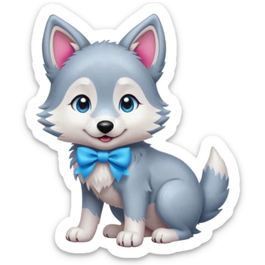 an animated gif-style sticker emote of a wolf puppy in a play-bow wagging its tail in a smooth, natural arc over its back. It has a pink bow on one ear and bright blue eyes sticker