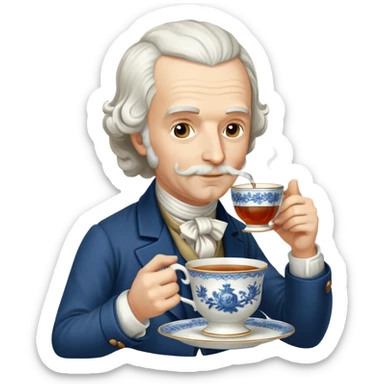 Adam Smith, 18th century economist with beard and wavy hair, drinking tea from a teacup sticker