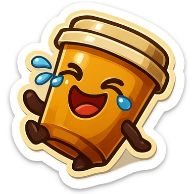 Tall coffee cup, laughing hard, tears in eyes, fallen over, dramatic laugh sticker