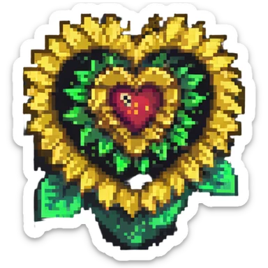 a sunflower blooming around a human heart, 8-bit style, pixel art sticker
