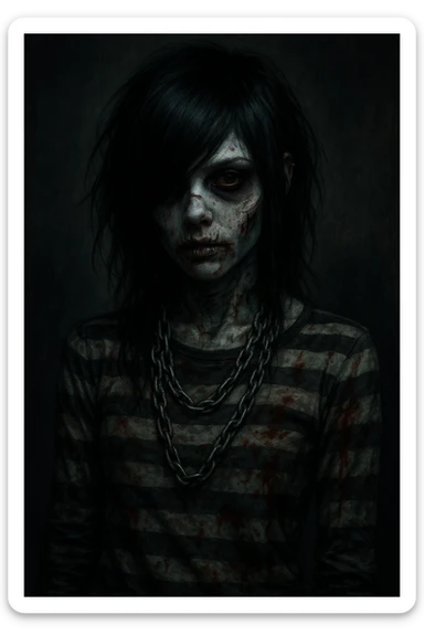 emo zombie girl, black hair, striped shirt, chains, pale skin, dark eyes, subtle blood stains sticker
