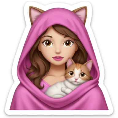 girl with long wavy brown hair, brown eyes, long lashes makeup, sexy pink lips, light to medium complexion, wearing a pink sexy silk top, big blanket over the head cozy holding a cat, no cat ears on the hood sticker