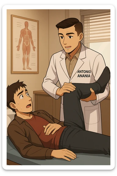 fai un webtoon manga a colori con questo stile, in cui un uomo è steso sul lettino medico e il kinesiologo con il camice bianco (fagli anche la scritta "ANTONIO ANANIA" SUL CAMICE, gli solleva una gamba per fargli il test neuromuscolare, IL KINESIOLOGO SPIEGA ALL'UOMO UNA cosa mentre gli alza la gamba. non fare i fumetti però, fai solo in modo che sembri stiano parlando sticker