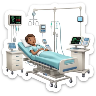Hospital sleep laboratory room with patient in hospital bed connected to sleep monitoring equipment, nurse checking vitals, medical charts, and hospital IV stand sticker