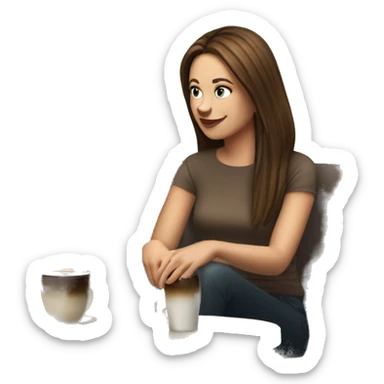Side view realistic posh brown straight haired pale woman sits at the coffee table sticker