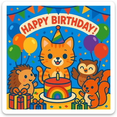 vibrant-toon style birthday party scene with a rainbow color theme including rainbow balloons, multicolored decorations, confetti, a large rainbow birthday cake, gifts, and a festive atmosphere. Main character is a ginger tabby kitten wearing a birthday hat, surrounded by a hedgehog, owl, and squirrel also celebrating. Prominent 'Happy Birthday!' message included in the scene. sticker