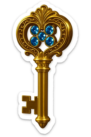 Add shiny blue diamonds to the classic skeleton key in gold, keep the background transparent. sticker
