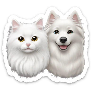 one white japanese spitz and one ragdoll cat that is greay sticker