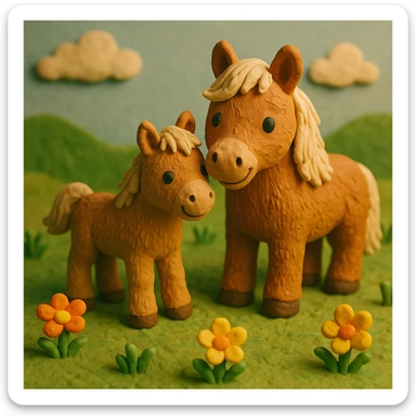foal and mare together, cute and cheerful, detailed fur, in a grassy meadow, claymation style sticker