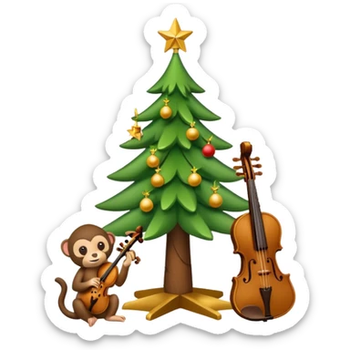 A cute, minimal emoji-style Christmas tree with a bright green triangular shape decorated, a wooden violin replacing the trunk, and a small playful monkey sitting at the very top carefully placing a golden Christmas star sticker