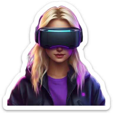 Russian blondy girl celebrating her birthday wearing a black hoodie and VR headset in a cyberpunk VR environment with violet neon lighting sticker