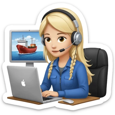 a blondie woman with long hair working with a computer laptop and a grains cargo vessel (boat) around sticker