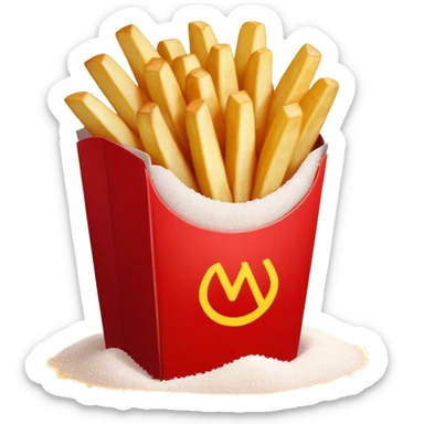 Cinematic crispy golden French fries, piled high, sprinkled with salt, served in a red carton, warm and inviting, rich golden hues, perfectly crunchy and delicious. sticker