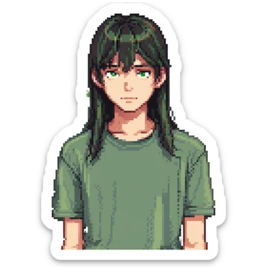 A boy with straight bangs covering his eyebrows, long hair at the back, black eyes, and brownish-black hair, wearing a green shirt the color of brilliant green antiseptic. sticker