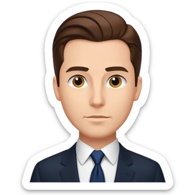 Caucasian gentleman with slicked back brown hair, black suit, navy tie sticker