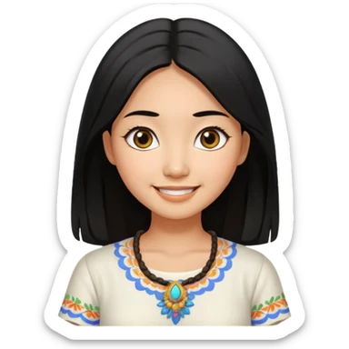 30 yr old asian woman center parted hair big eyes big smile tanned skin straight black hair hippie part hair white blouse sticker