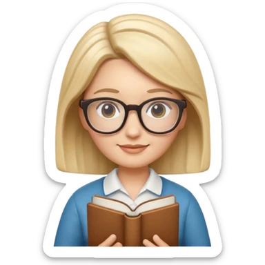 Apple Memoji-style 3D emoji of a librarian wearing glasses holding a book, clean gradients, rounded shapes, no background. sticker