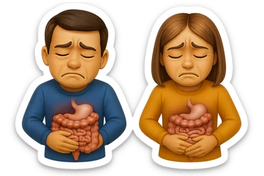 emoji stile iphone di un uomo e una donna con espressione triste ed intestino realistico, mal di pancia, iperrealistico 4k sticker