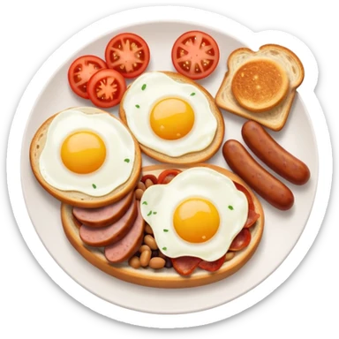 full English breakfast with eggs, bacon, sausage, beans, toast, and tomato, top-down view sticker