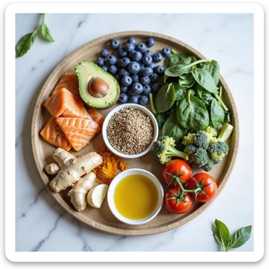 colorful board with a selection of anti-inflammatory foods: salmon, avocado, blueberries, spinach, walnuts, extra virgin olive oil, turmeric, ginger, tomatoes, broccoli, flax seeds, garlic, light background, fresh atmosphere, realistic details sticker