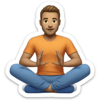 a gamer is sitting at a computer in a yoga pose in a blue T-shirt sticker