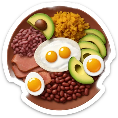 A plate with red beans, chorizo, rice, a fried egg, avocado, mince, pork belly and plantain in a plate sticker