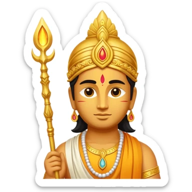 A minimal, divine emoji-style illustration of Lord Murugan, serene face, glowing vel (spear) symbol, bright golden aura, vibrant colors, simple rounded emoji design, high clarity, spiritual and peaceful expression, white background. sticker