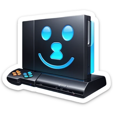 Clash of Clans aesthetic: Cinematic Playful PlayStation 3 Console Portrait Emoji, rendered in a 3D vector-style similar to standard emojis with minimal shading and bold, simplified shapes. A compact, distinct form with signature details, softly glowing with a cutting-edge console technology charm. Simplified yet unmistakably iconic, highly detailed and consistent, glowing with a soft radiance and high shine. Stylized with a touch of technological advancement and a soft glowing outline, capturing the essence of a beloved gaming relic with a friendly, playful manner! sticker