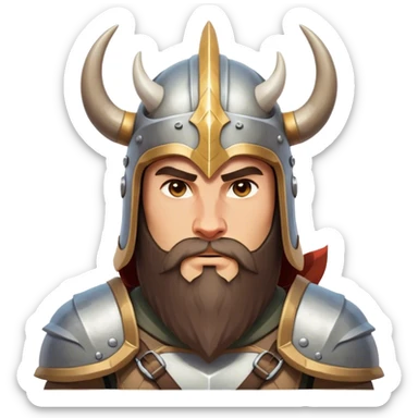 Clash of Clans aesthetic: Cinematic Fierce Viking Portrait Emoji, Poised and bold with a rugged yet stylized build, wearing a simple horned helmet and sporting a neatly trimmed beard, his face rendered in a natural skin tone, intense eyes reflecting fierce determination, Simplified yet dynamic features, highly detailed, glowing with a cool, battle-ready radiance, high shine, brave and resolute, stylized with an air of ancient Nordic valor, focused and commanding, soft glowing outline, capturing the essence of a fearless Viking adventurer ready to set sail on epic quests! sticker