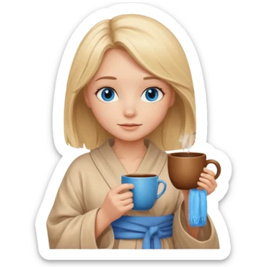 cozy blonde girl with middle length hair and blue eyes holds a brown cup in abeige  robe sticker