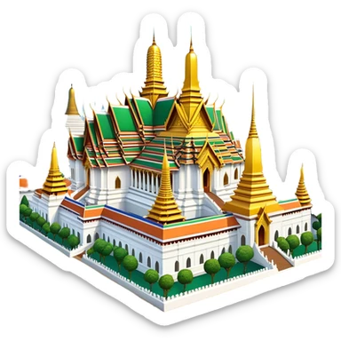 Cinematic Realistic Grand Palace Bangkok Landmark Emoji, showcasing the opulent golden spires, intricate Thai architecture, and the Emerald Buddha Temple set within a vibrant, manicured courtyard. sticker