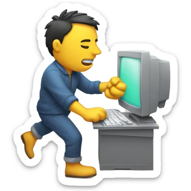 man smashes computer with emoji sticker