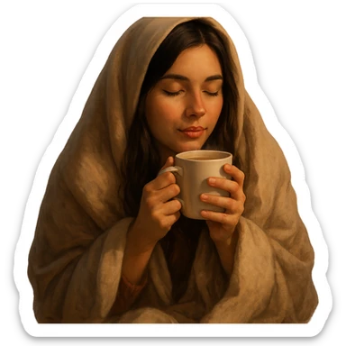 girl brunette inside a blanket sipping coffee, eyes closed, cozy and warm atmosphere, variation 1 sticker