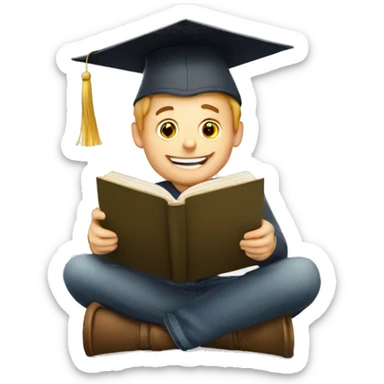 a smart white man with graduation hat happily reading book sticker