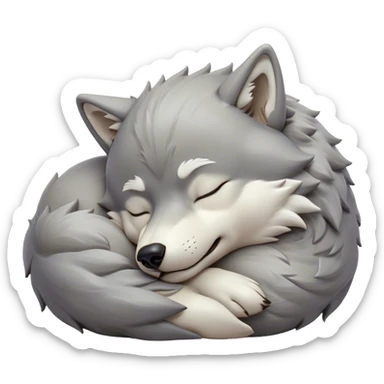 Meme-Worthy Cute Sleeping Wolf Portrait Emoji, Head resting peacefully with a contented smile, showcasing a robust build and a luxuriously soft grey and white Fur, eyes shut in a serene, restful nap, Simplified yet hilariously adorable features, highly detailed, glowing with a soft, drowsy light, high shine, relaxed and utterly lovable, stylized with an air of playful laziness, bright and heartwarming, soft glowing outline, capturing the essence of a comically sleepy wolf, so meme-worthy it feels like it could instantly become the next viral sensation of adorable slumber! sticker