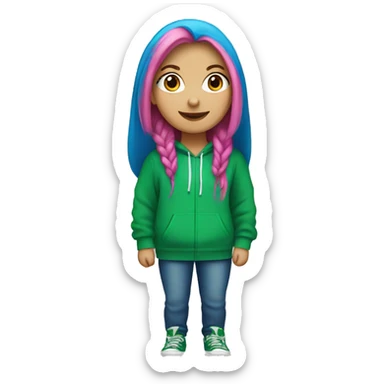 white girl with long bright blue hair wearing primary green hoodie sticker