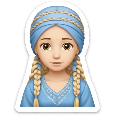 
mujer, Joven, de aspecto dulce y elegante.
Piel clara, ojos grandes y expresivos, sonrisa triste.
Rubio o castaño claro, largo, con trenzas o velo.
Vestido largo de tonos suaves (blanco, azul o lavanda), con bordados dorados; toca fina cubriendo la cabeza
 sticker