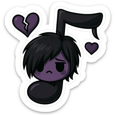 Edit the emo-style music note with black and purple colors, moody atmosphere, remove background and keep it transparent in chibi stickers style. sticker