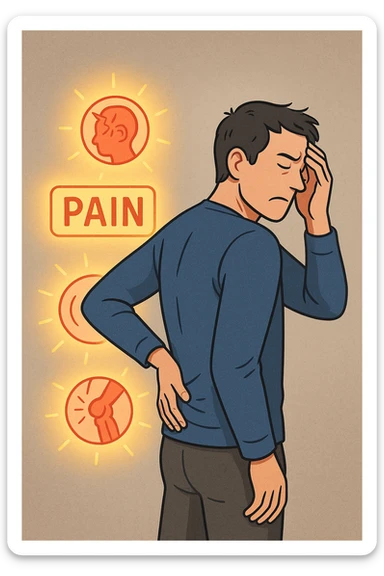 uomo che ignora i suoi un mal di testa, mal di schiena e dolore articolare e ignora ogni segnale e messaggio che il corpo manda per avvertirlo sticker