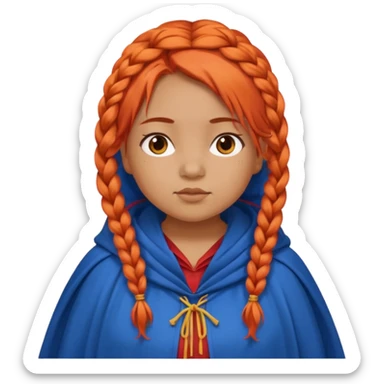 red orange braids hair girl, tan skin, fat, wear blue cloak sticker