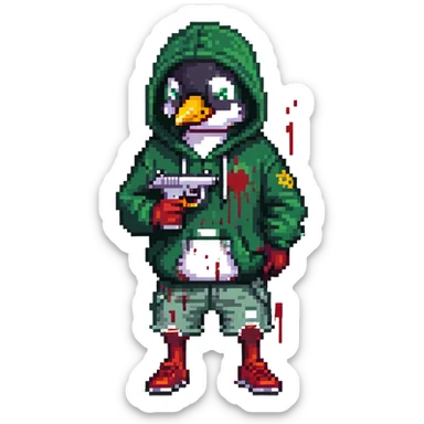 A cute half-dolphin half-penguin thug with a gun, green hoodie with blood stains, wearing Dollar General shorts sticker