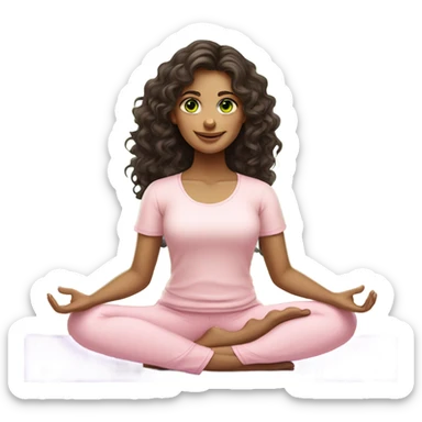 Dark brown long curly hair and green eyes yoga beautiful girl in light pink pink pink clothes sitting on a yoga mat sticker
