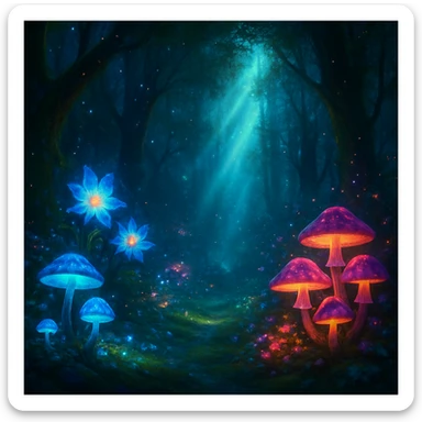 a mystical forest with glowing plants and magical atmosphere sticker