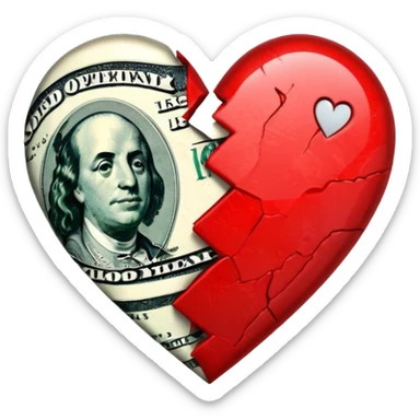 red broken heart glued together by dollars sticker